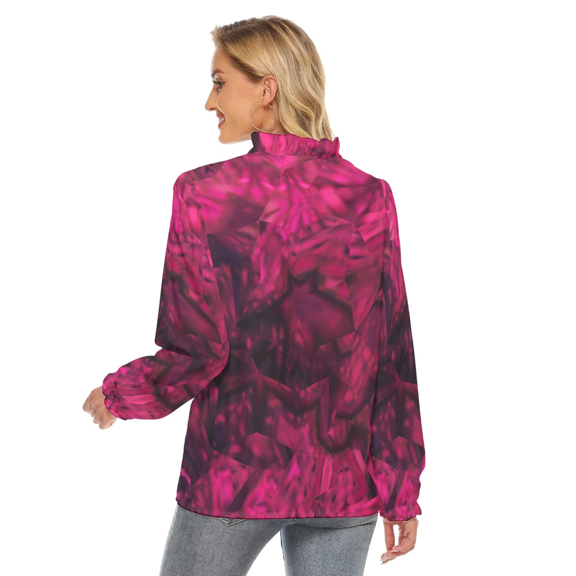 Pleated Collar V-neck Shirt Fuchsia Abstract