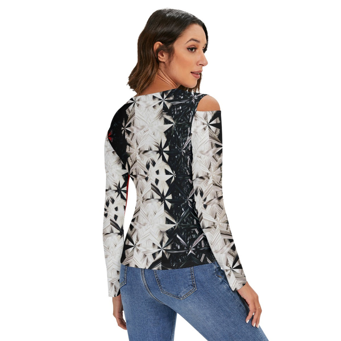 Cold Shoulder Half Zip V-Neck Blouse Red White & Black Abstract