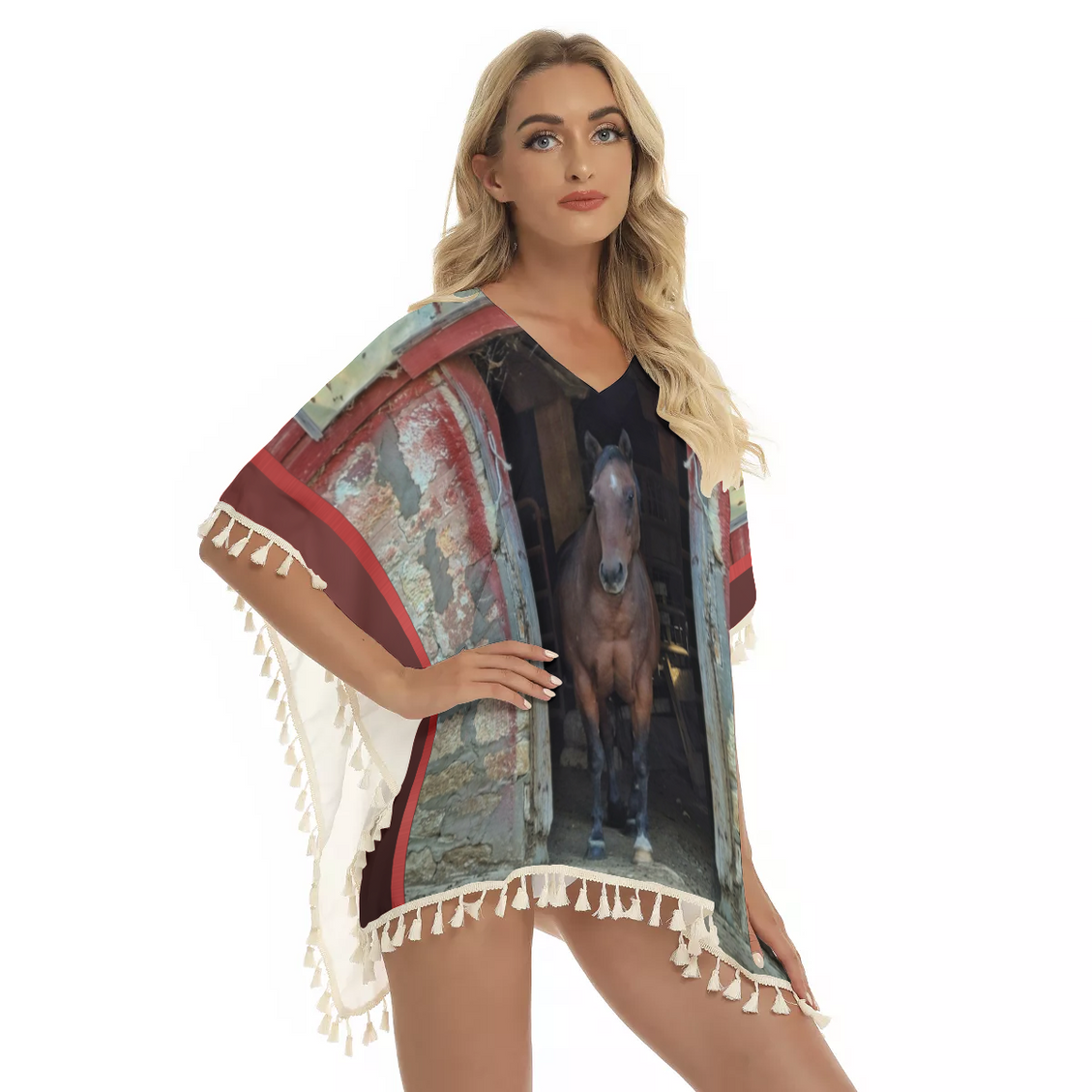 Fringed Shawl Horse in Red Barn by JVH