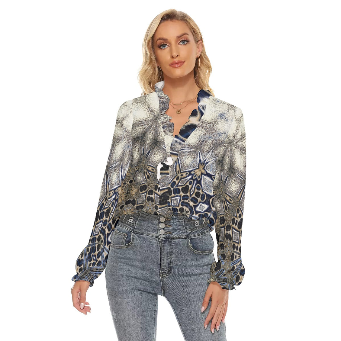 Pleated Collar V-neck Shirt Gold Gray Abstract