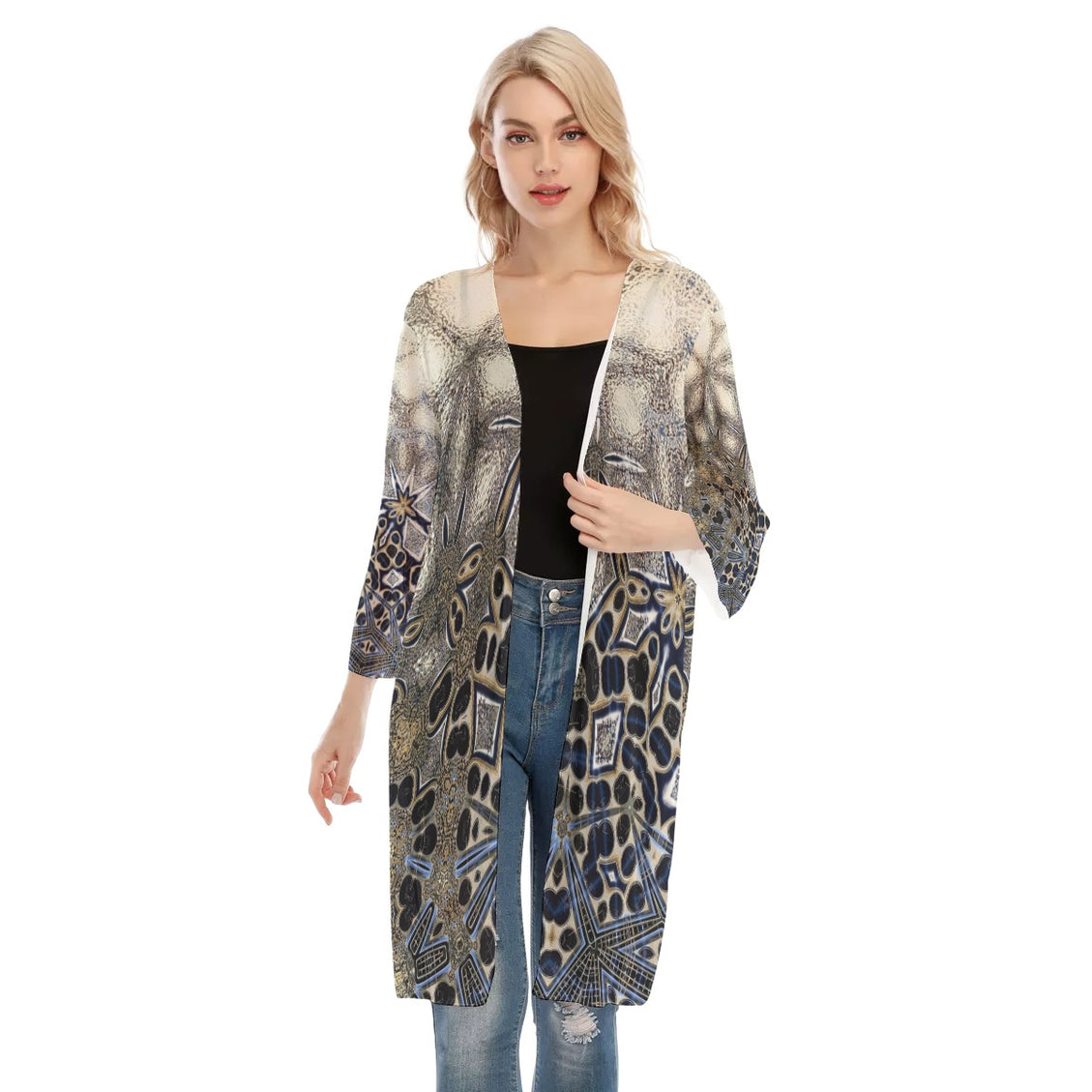 V-neck Mesh Cardigan Gold Gray Abstract