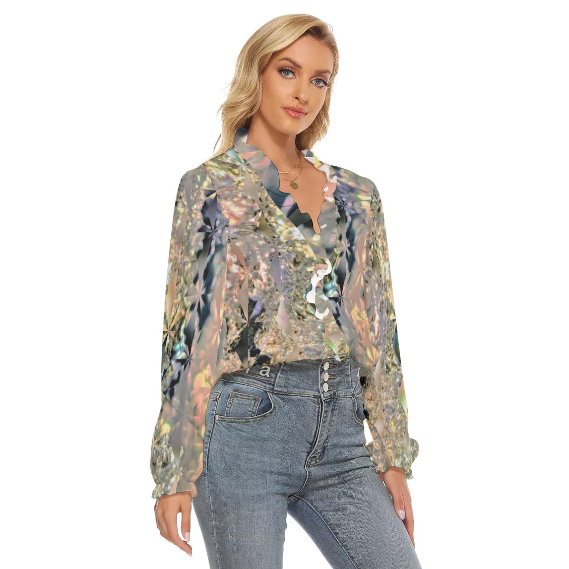 Pleated Collar V-neck Shirt Icy Sunset