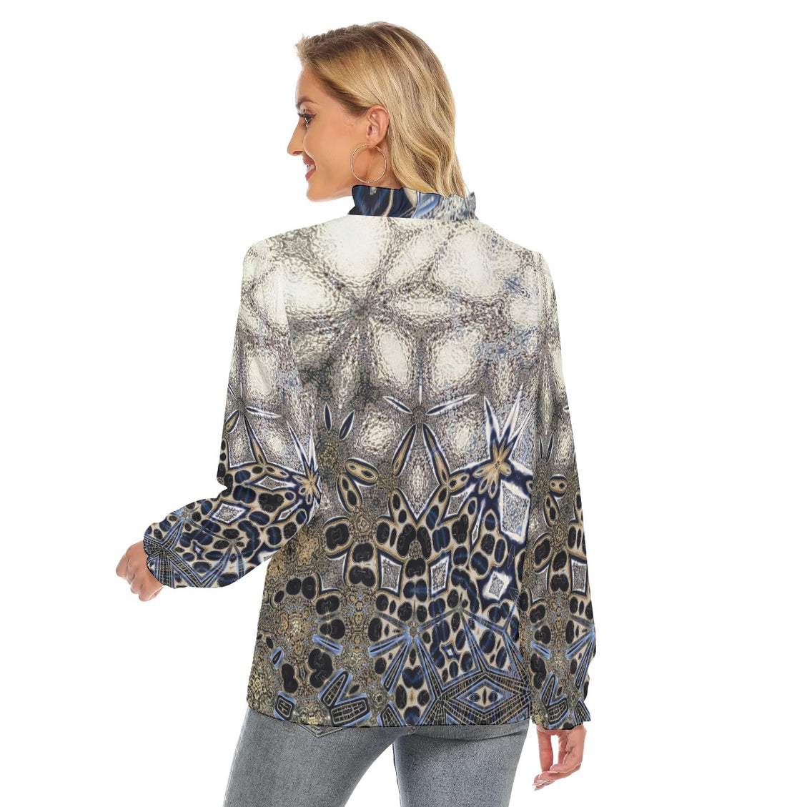 Pleated Collar V-neck Shirt Gold Gray Abstract