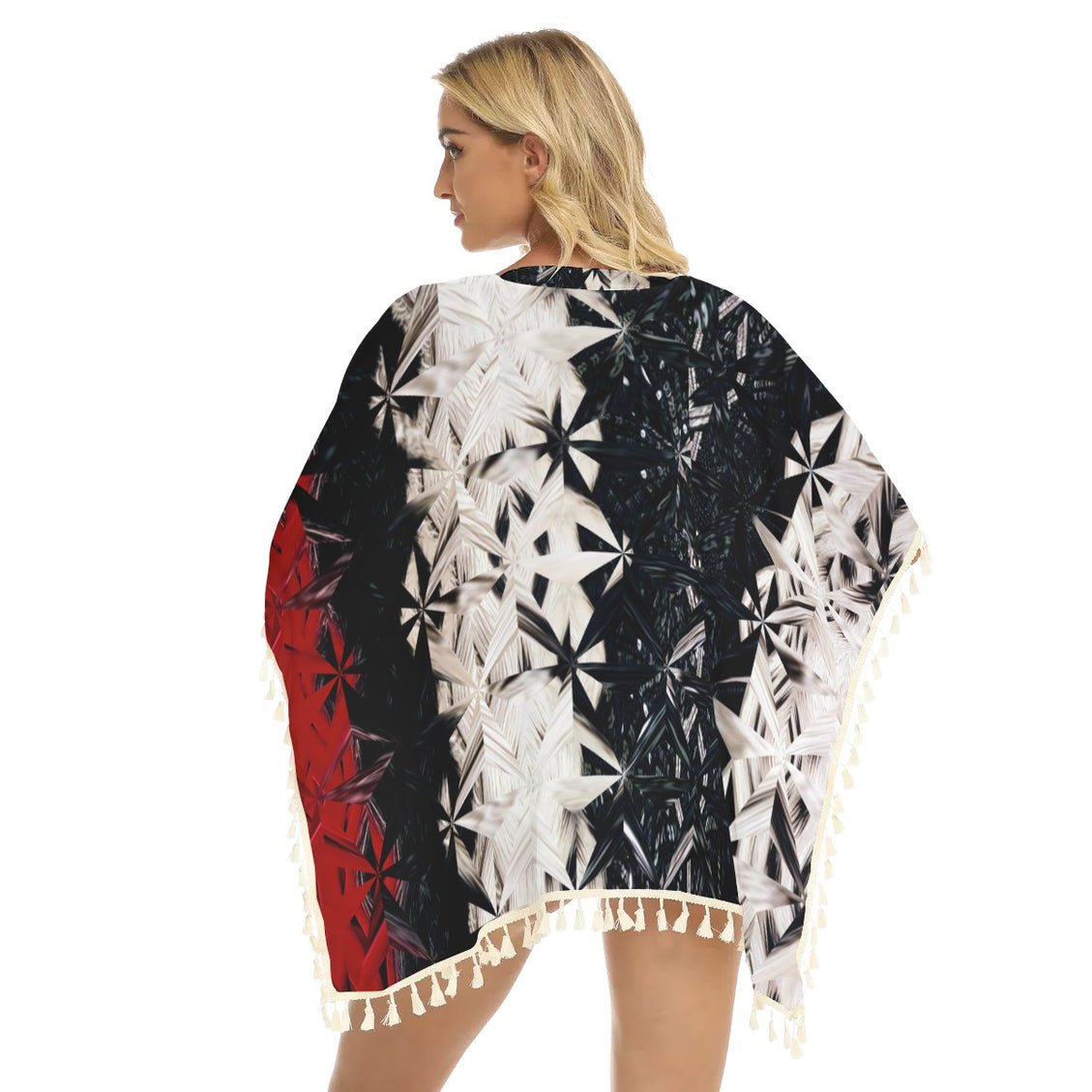 Fringed Shawl Red White & Black Abstract