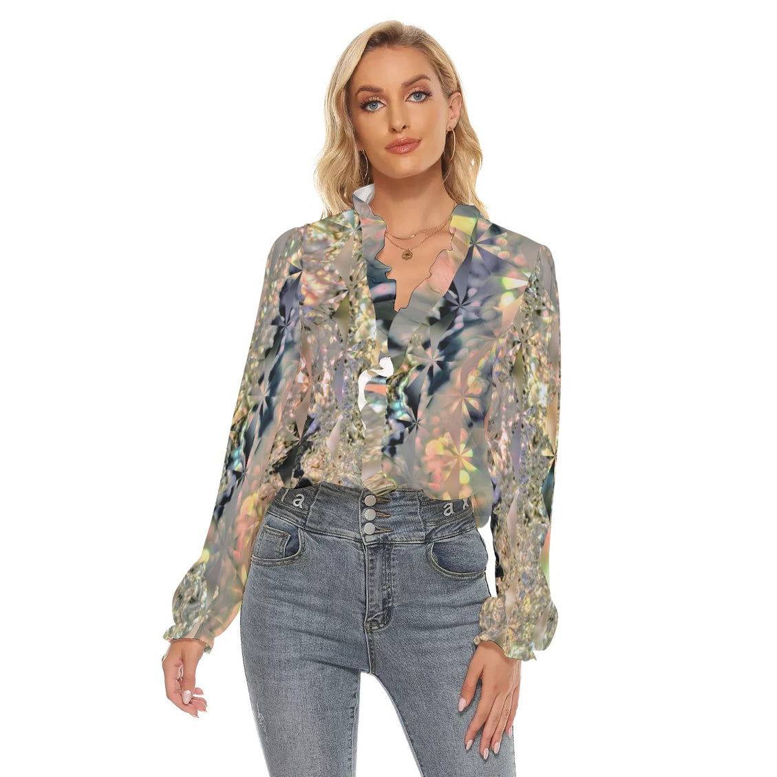 Pleated Collar V-neck Shirt Icy Sunset