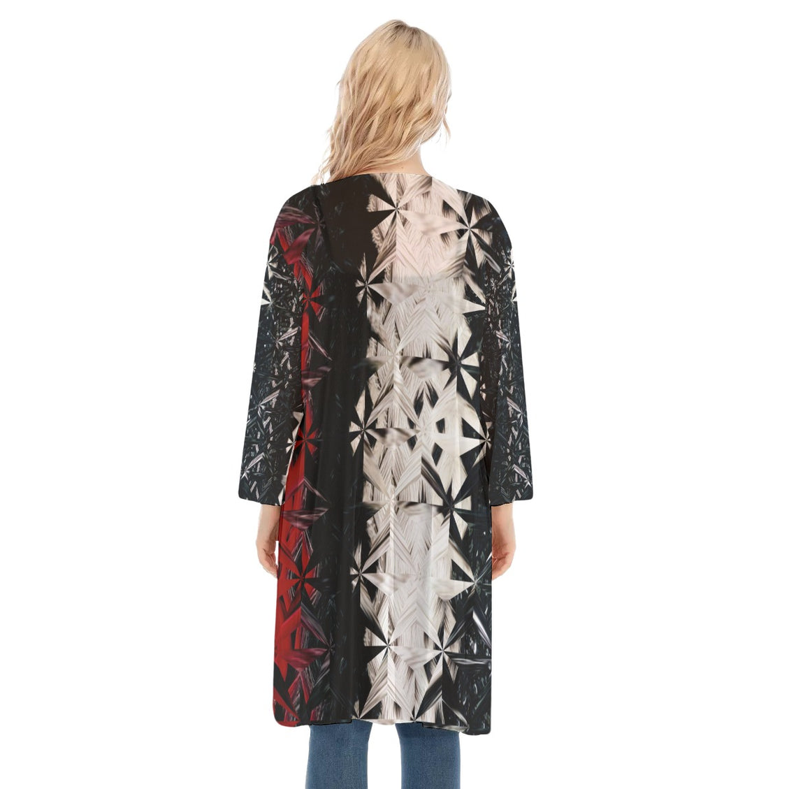 V-neck Mesh Cardigan Red White & Black Abstract