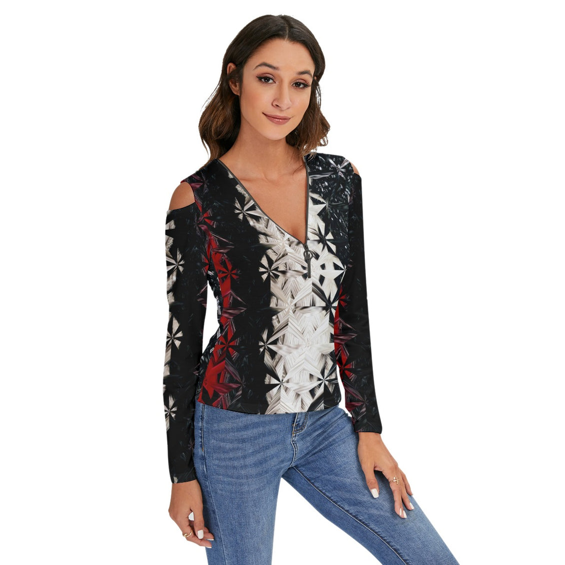 Cold Shoulder Half Zip V-Neck Blouse Red White & Black Abstract
