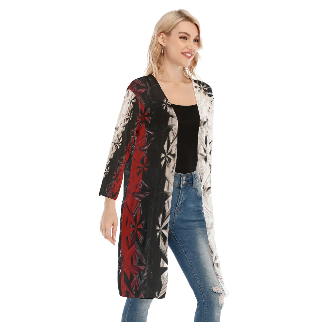 V-neck Mesh Cardigan Red White & Black Abstract