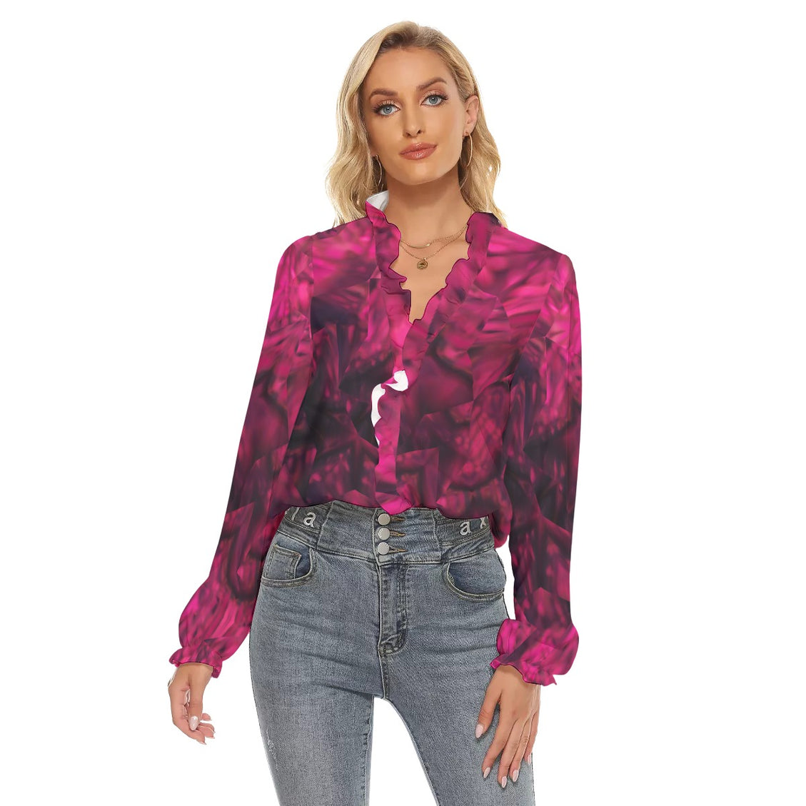 Pleated Collar V-neck Shirt Fuchsia Abstract
