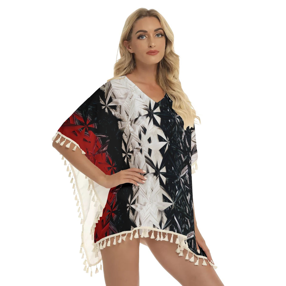 Fringed Shawl Red White & Black Abstract