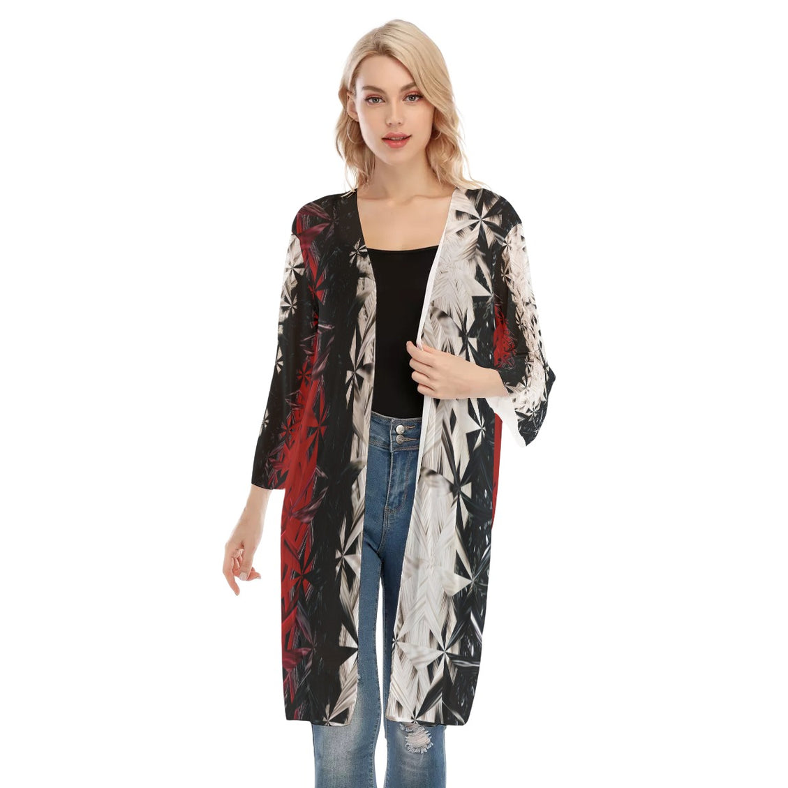 V-neck Mesh Cardigan Red White & Black Abstract