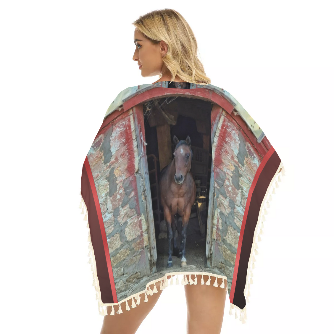 Fringed Shawl Horse in Red Barn by JVH