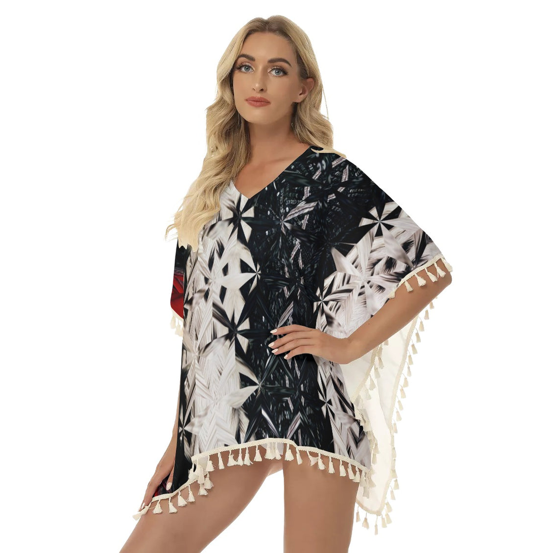 Fringed Shawl Red White & Black Abstract