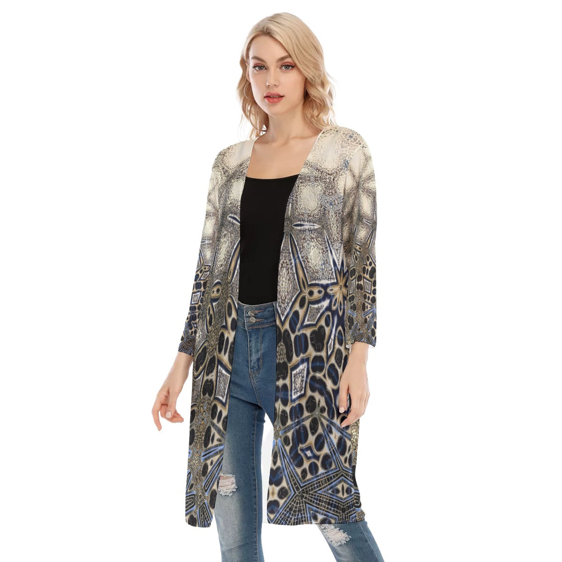 V-neck Mesh Cardigan Gold Gray Abstract