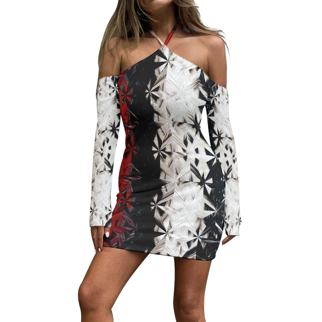 Red White & Black Abstract Halter Lace-up Dress
