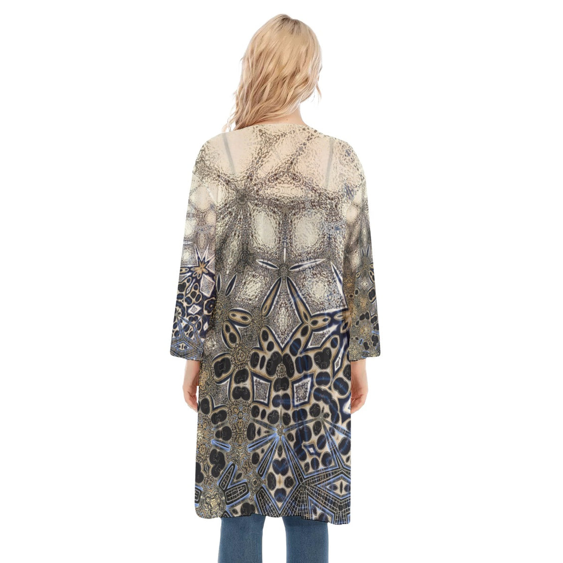 V-neck Mesh Cardigan Gold Gray Abstract