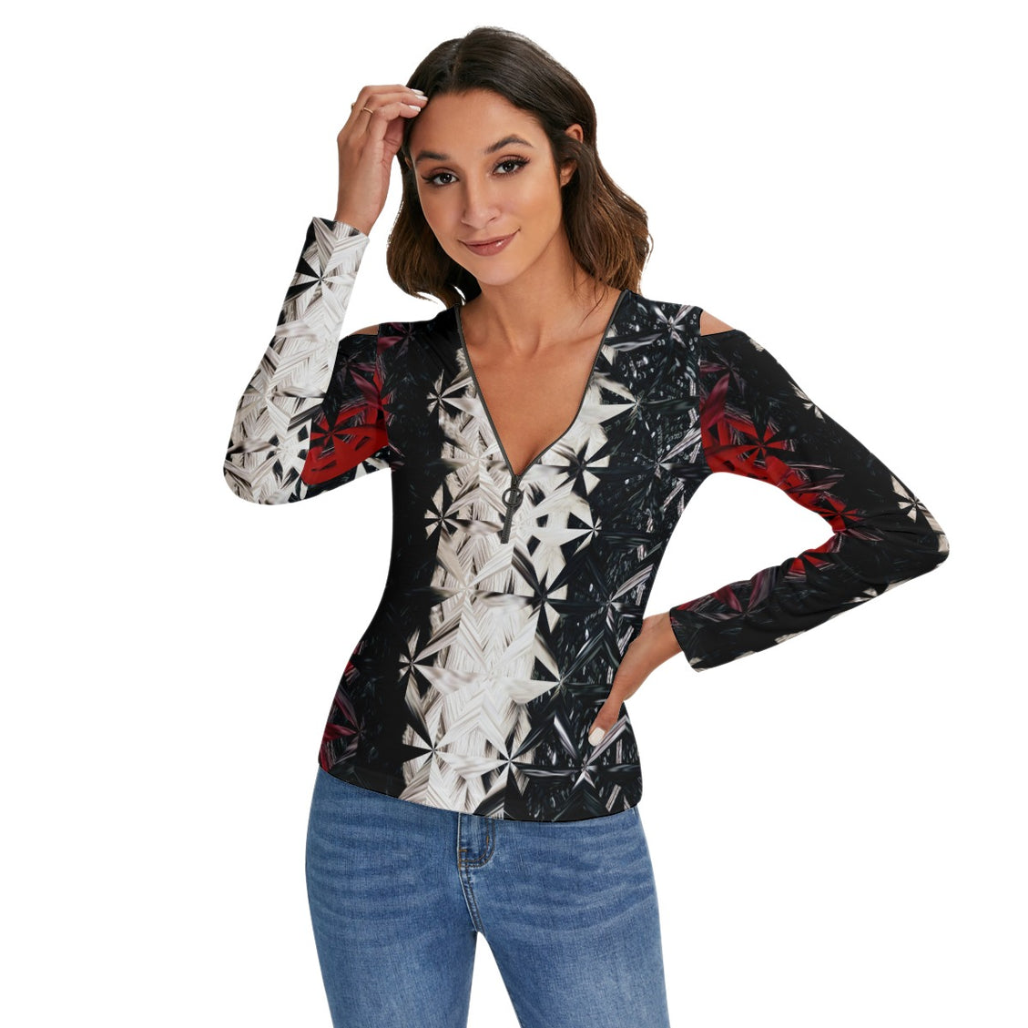 Cold Shoulder Half Zip V-Neck Blouse Red White & Black Abstract