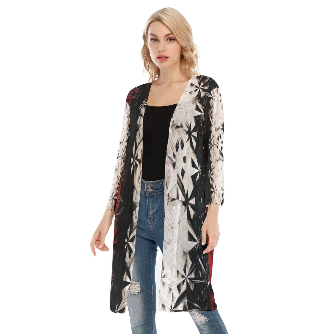 V-neck Mesh Cardigan Red White & Black Abstract