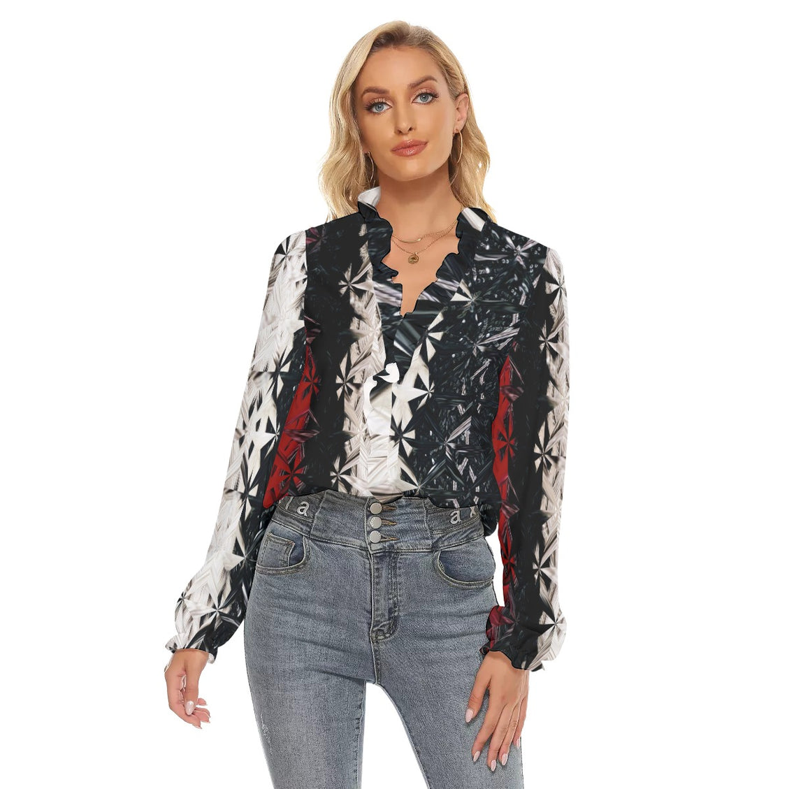 Women's Pleated Collar V-neck Shirt Red White & Black Abstract
