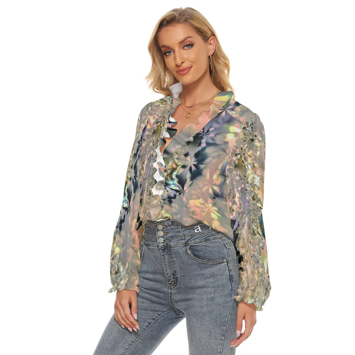 Pleated Collar V-neck Shirt Icy Sunset