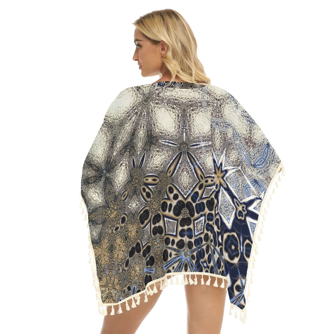 Fringed Shawl Gold Gray Abstract