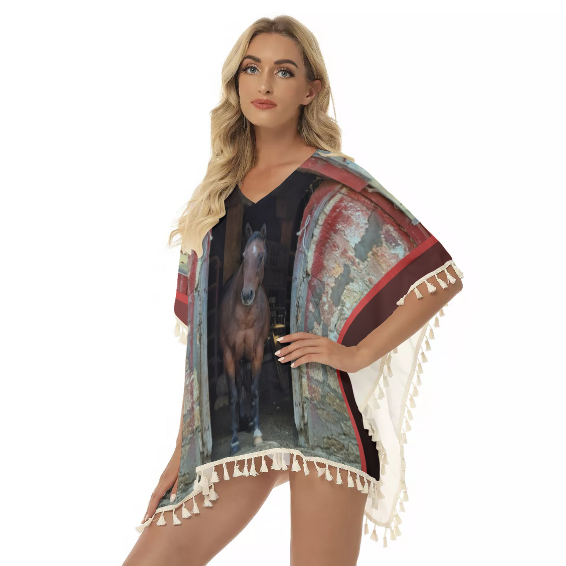 Fringed Shawl Horse in Red Barn by JVH