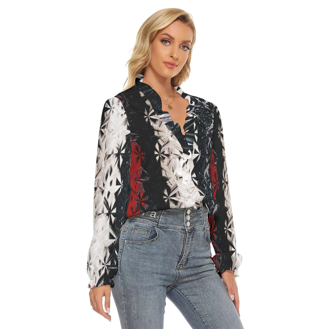 Women's Pleated Collar V-neck Shirt Red White & Black Abstract