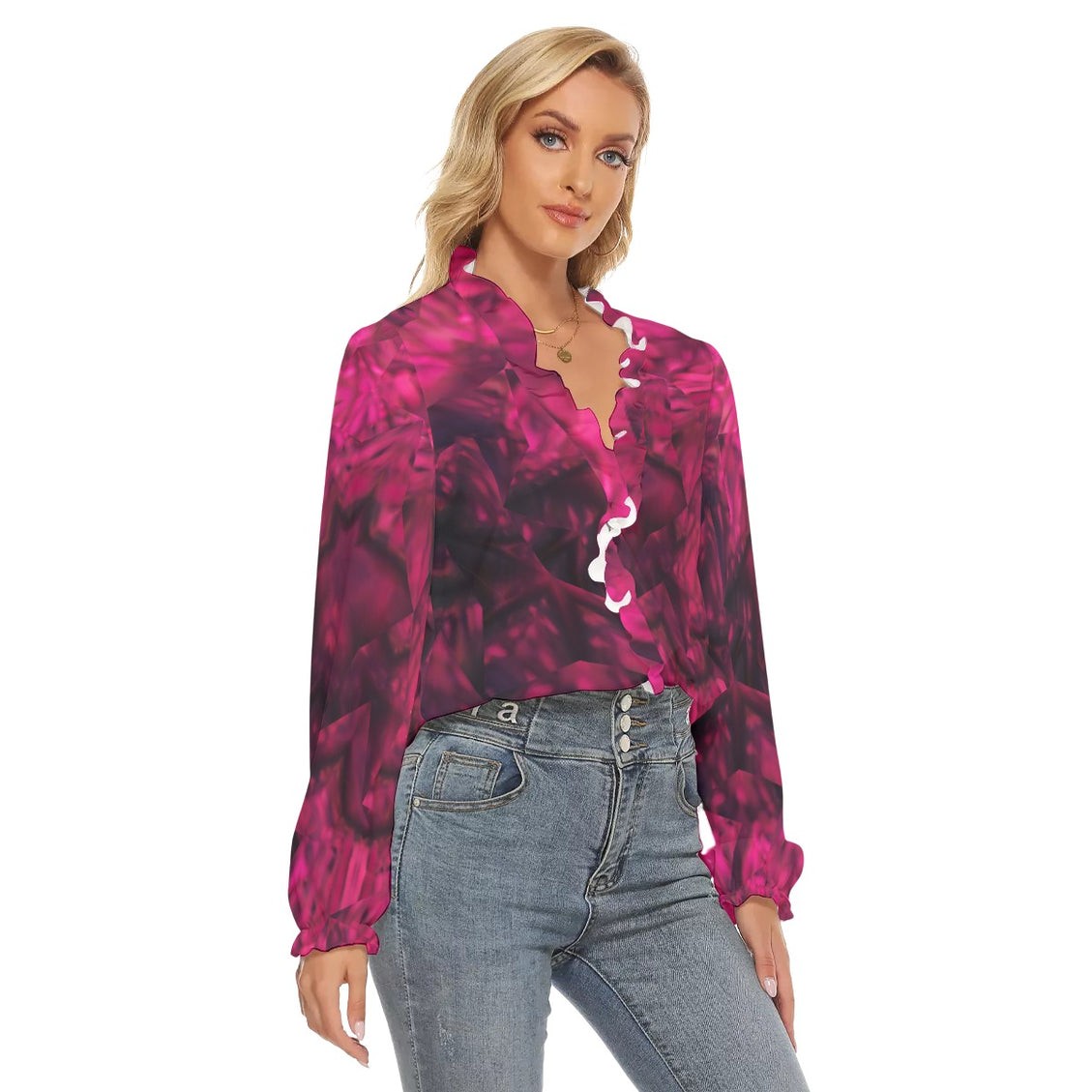 Pleated Collar V-neck Shirt Fuchsia Abstract
