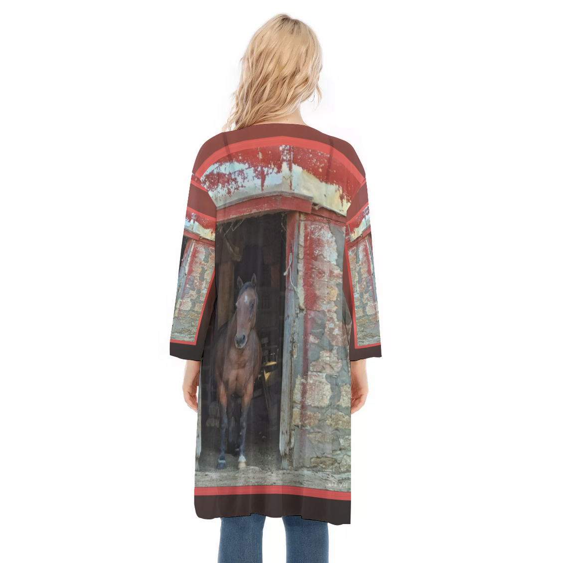 V-neck Mesh Cardigan Horse in Red Barn by JVH