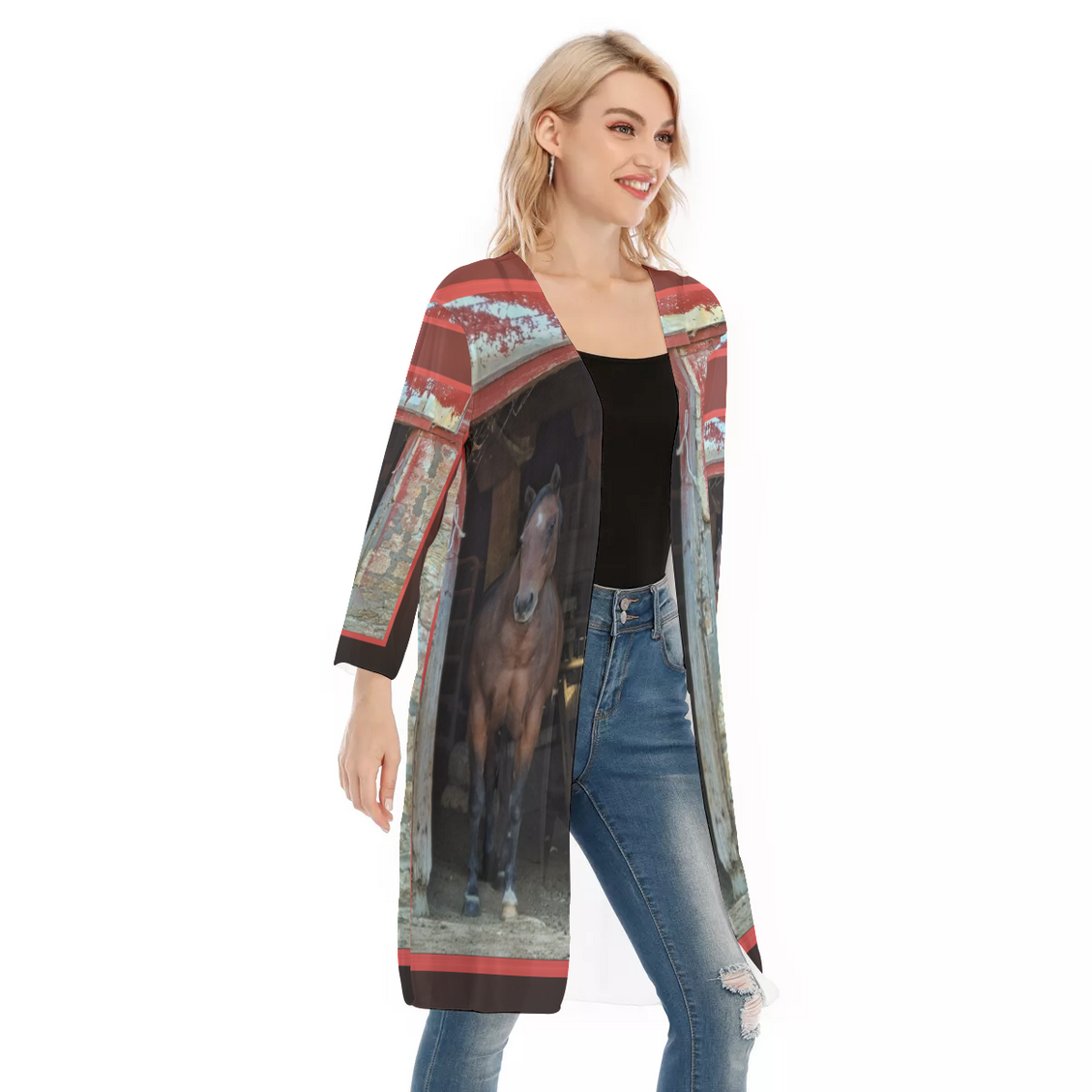V-neck Mesh Cardigan Horse in Red Barn by JVH