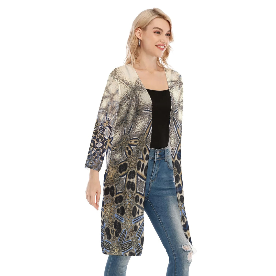 V-neck Mesh Cardigan Gold Gray Abstract
