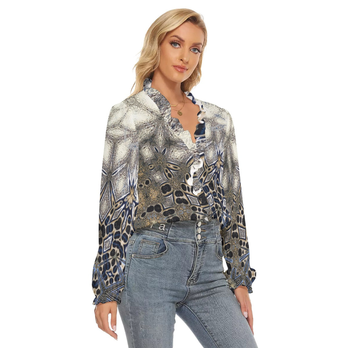 Pleated Collar V-neck Shirt Gold Gray Abstract