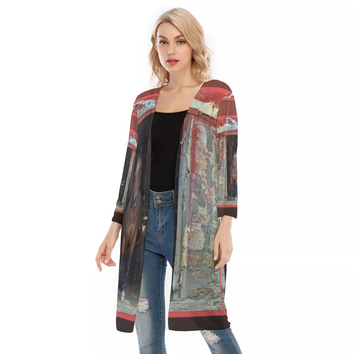 V-neck Mesh Cardigan Horse in Red Barn by JVH