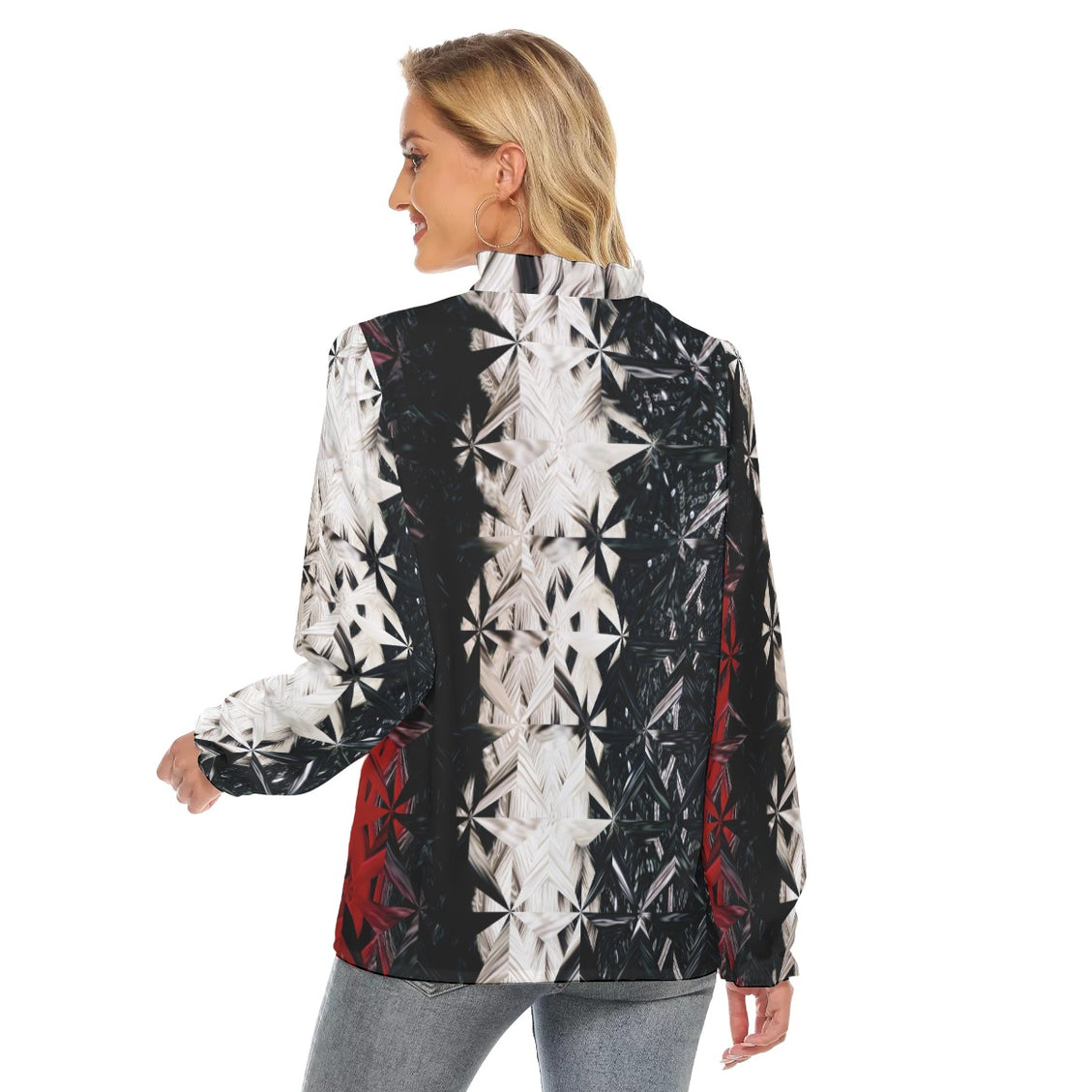Women's Pleated Collar V-neck Shirt Red White & Black Abstract