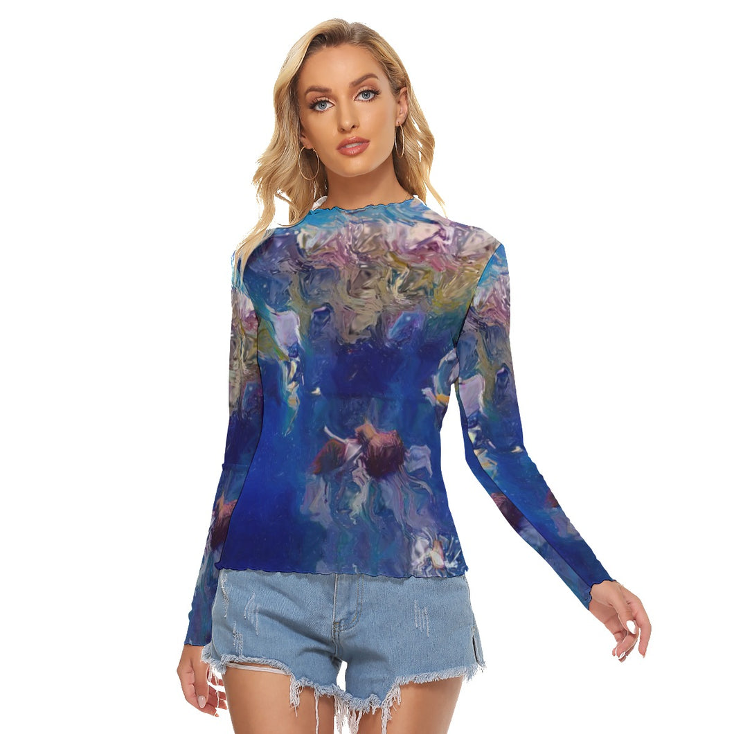 All-Over Print Women's Mesh T-shirt Blue Floral Abstract
