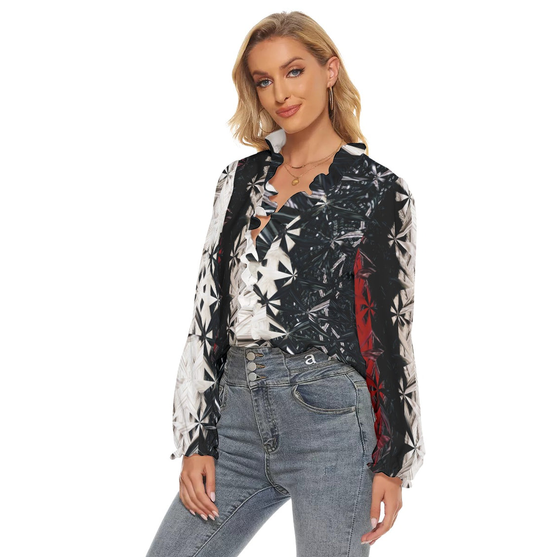 Women's Pleated Collar V-neck Shirt Red White & Black Abstract