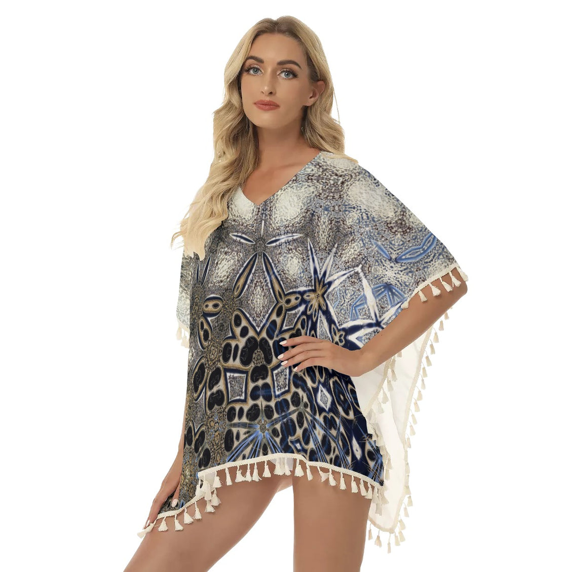 Fringed Shawl Gold Gray Abstract