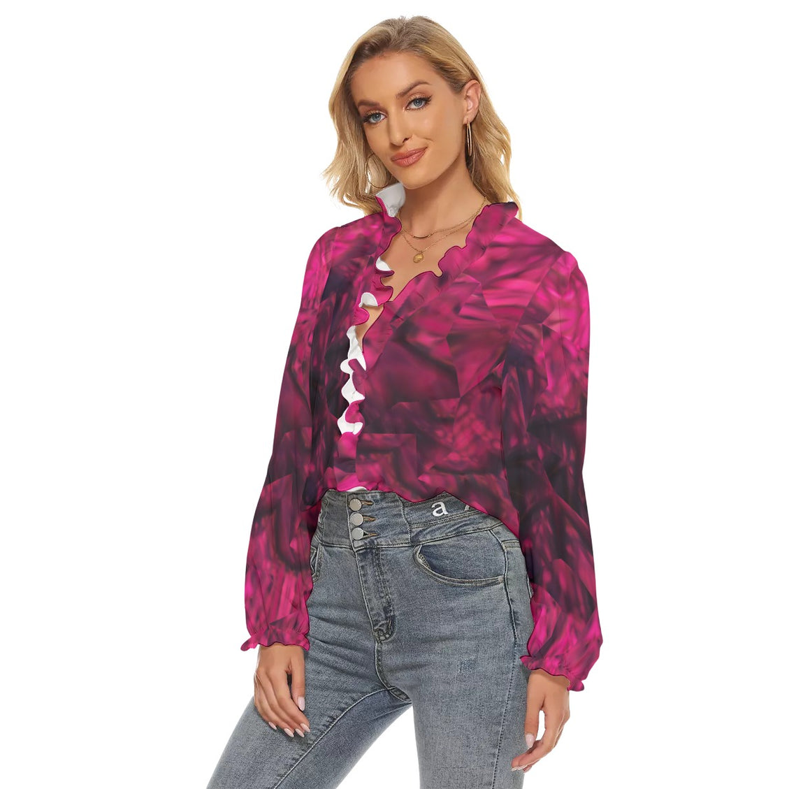 Pleated Collar V-neck Shirt Fuchsia Abstract