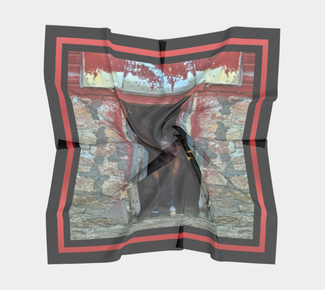 Horse in Red Barn Black Border by JVH Scarf