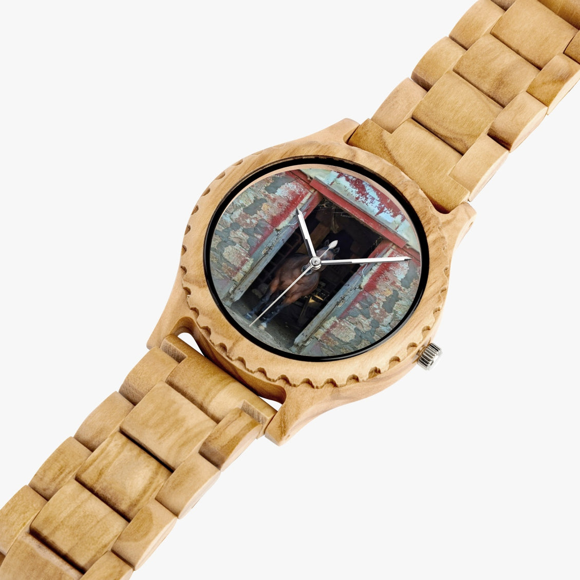 Wood Watch Italian Olive Horse in Red Barn by JVH