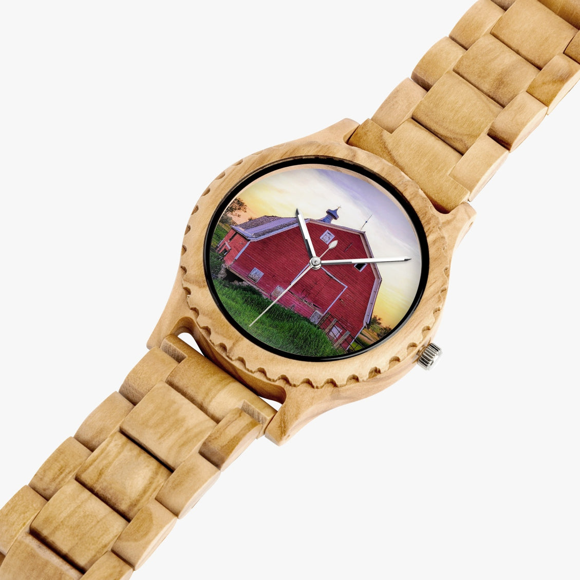 Wooden Watch Italian Olive Red Barn at Sunset