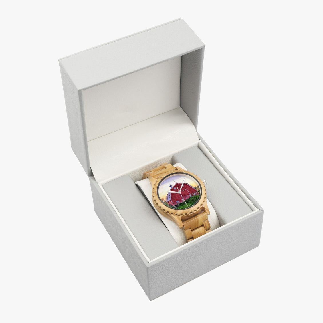 Wooden Watch Italian Olive Red Barn at Sunset