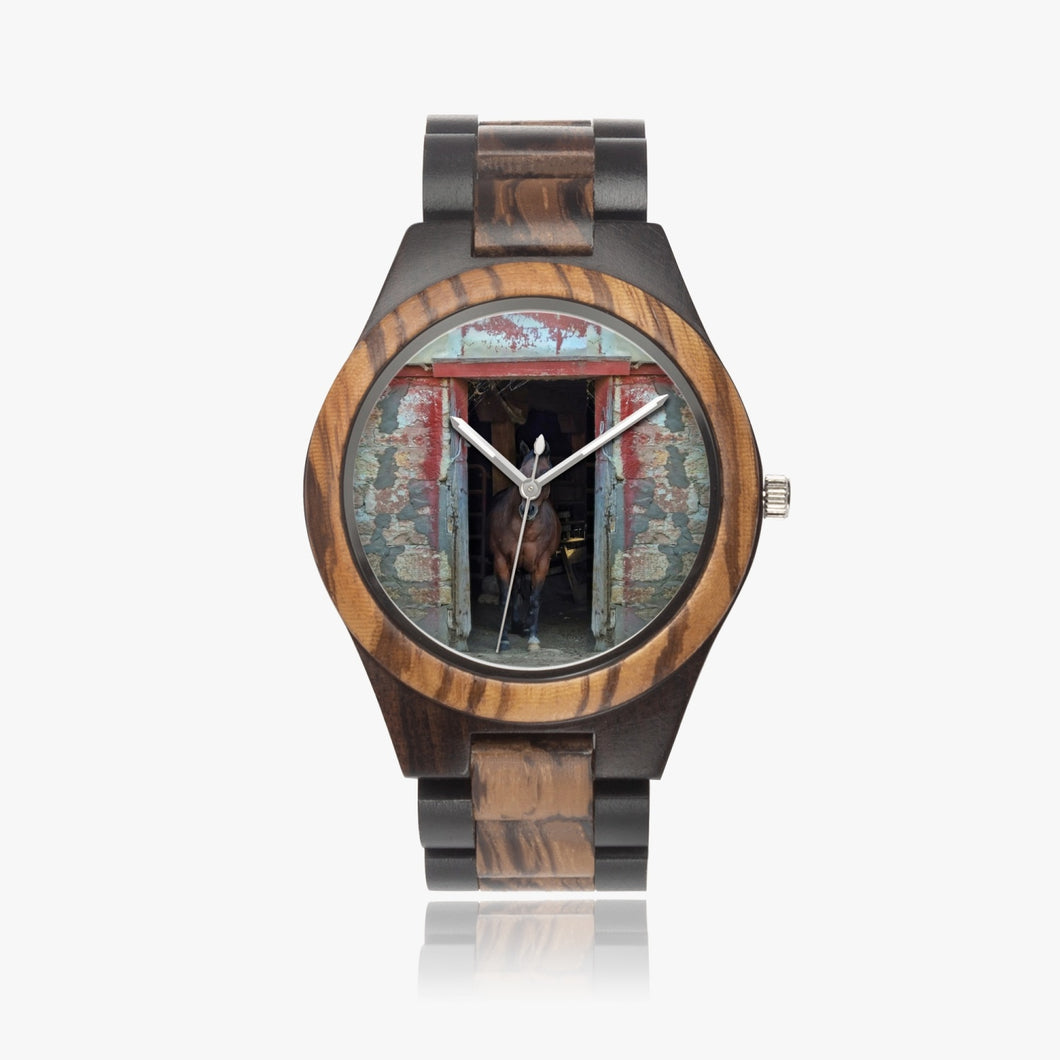 Wood Watch Indian Ebony Horse in Red Barn by JVH