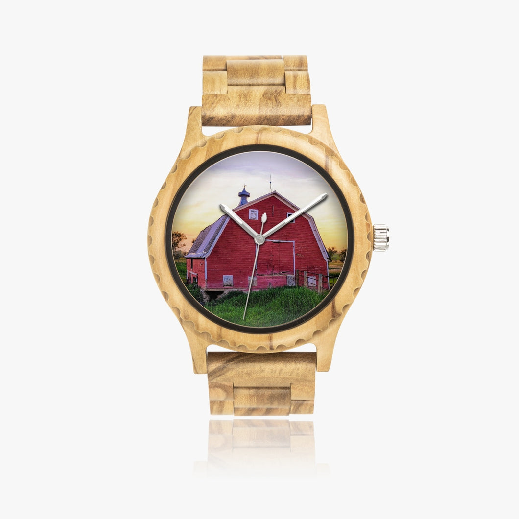 Wooden Watch Italian Olive Red Barn at Sunset