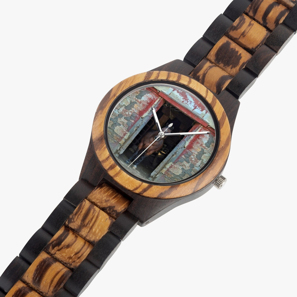Wood Watch Indian Ebony Horse in Red Barn by JVH